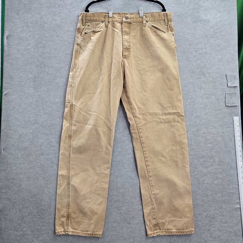 Dickies Men Pants 38x34 Khaki Work Canvas Workwear Logo 30" Inseam Cotton READ